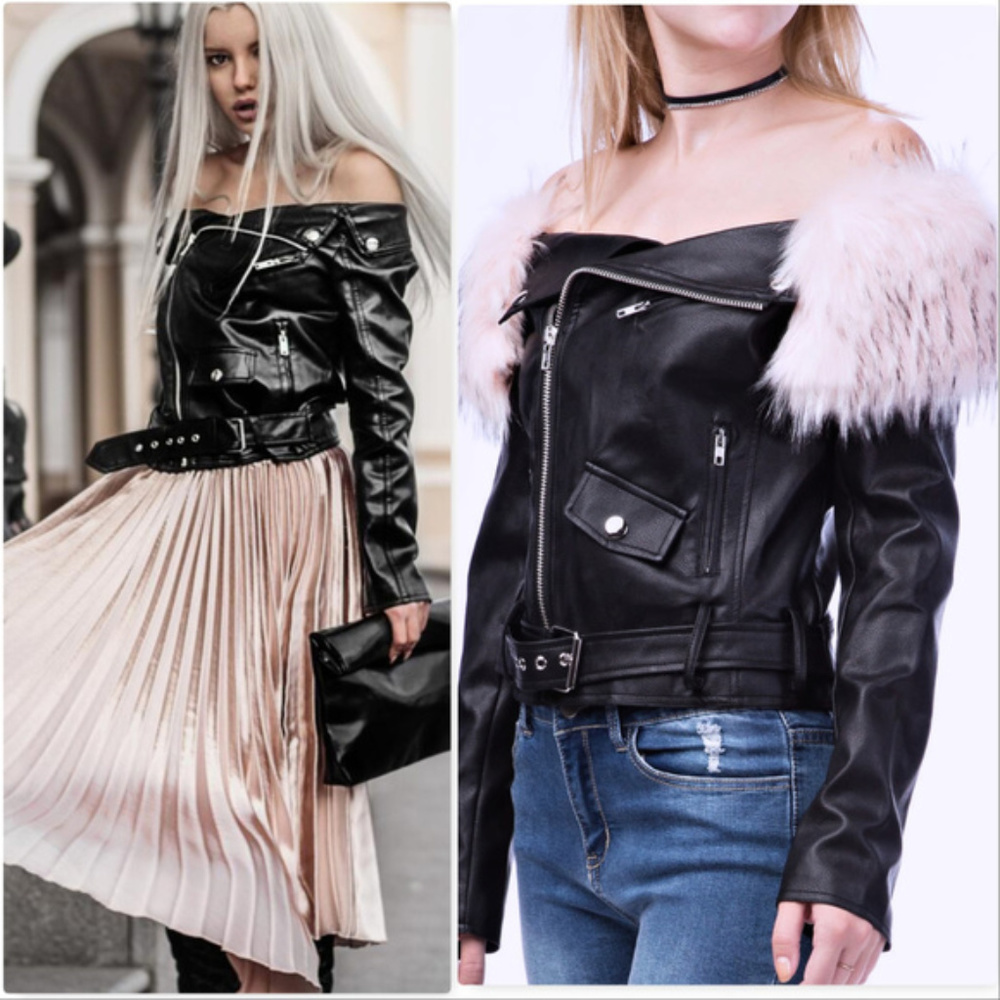 COPY - OFF SHOULDER FAUX LEATHER JACKET FAUX FUR TRIM